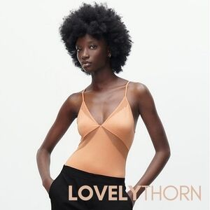 ZARA // ltd ed nude satiny stretch geo sheer mesh cut-out body contour bodysuit